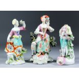 Three 18th Century "patch mark" Derby porcelain figures - lady with lute, 7.25ins, girl with posy,