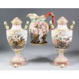 A pair of late 19th Century Continental porcelain two-handled urns and covers, moulded and painted