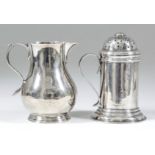 A George II plain silver cylindrical pepper dredger with pierced dome cover, the plain body with