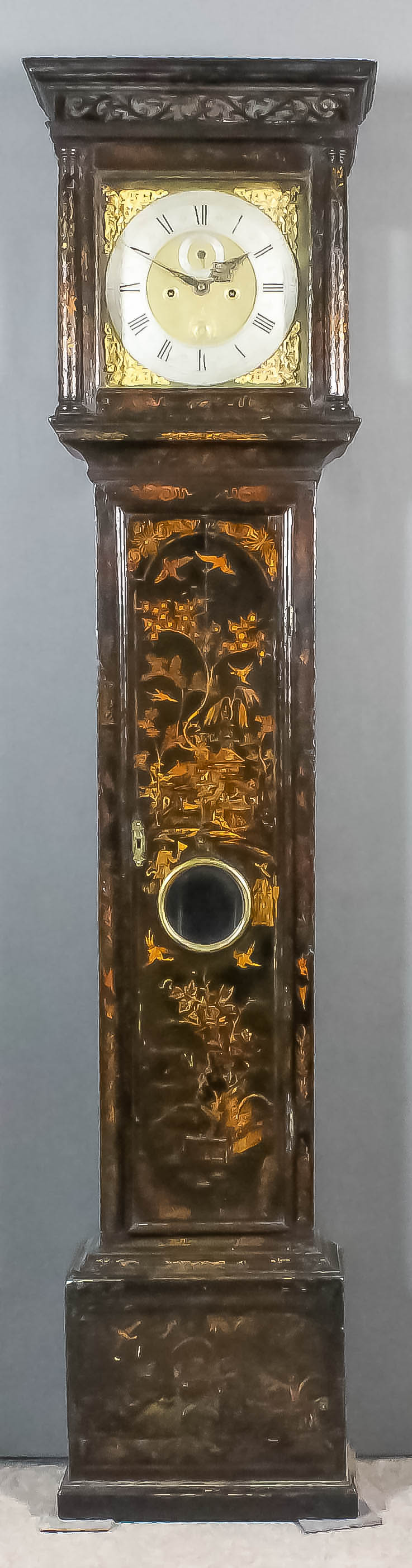 A mid 18th Century black japanned longcase clock by William Harris of London, the 12ins square brass