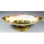 A Royal Worcester bone china dessert dish of shaped outline painted with "The Avon, Stratford" by