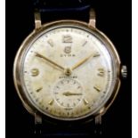 A 20th Century gentleman's Cyma "Cymaflex" 9ct gold cased manual wind wristwatch, the gilt dial with