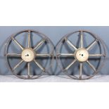 Two elm, oak and metal bound wagon wheels, each 36ins diameter (now converted to electroliers) 10ins
