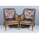 A good pair of 20th Century mahogany framed square back Bergere armchairs of George III design, with