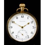 A George V Vertex 9ct gold cased open faced keyless pocket watch, the white enamel dial with