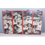 A set of four Chinese lacquer rectangular panels carved and decorated with pavilions and figures,