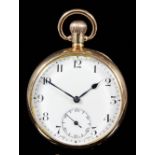 A George V 9ct gold cased keyless lever pocket watch, the white enamel dial with Arabic numerals,