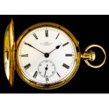 A late Victorian 18ct gold full hunting cased keyless pocket watch by Dent, 33 Cockspur Street,
