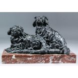 20th Century French school - Brown patinated bronze figure of two Pekinese on pink veined polished