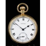 A George VI 9ct gold cased keyless lever pocket watch retailed by Garrard, the white enamel dial
