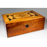 A Victorian walnut workbox, the top inlaid with a marquetry panel in various specimen woods, 14ins x