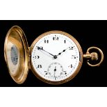 A George V gold half hunting cased keyless lever pocket watch, the white enamel dial with Arabic