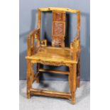 A Chinese hardwood armchair, the carved single slat back with standing female figure and flowers,