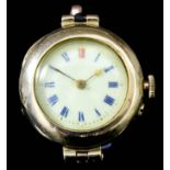 A lady's 18ct gold cased manual wind wristwatch, the white enamel dial with blue and red Roman