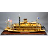 A scratch built model of "River Queen" American paddle steamer, in glass display case, 27.75ins x