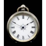 A late Victorian silver cased open faced pocket watch, the white enamel dial with Roman numerals,