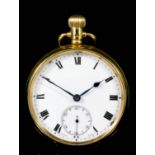 A George V Tavannes 18ct gold cased open faced keyless lever pocket watch, the white enamel dial