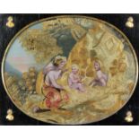 A George III coloured silk and gouache oval picture of three classical maidens being serenaded by