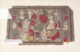 PROBABLY NINETEENTH CENTURY WOOLWORK PANEL, worked in colours with figures, animals and flowers,