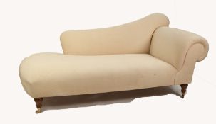 MODERN, FULLY UPHOLSTERED CHAISE LONGUE, on turned legs with castors, approximately 75" (191.5cm)