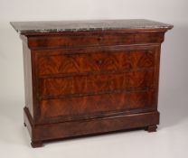 NINETEENTH CENTURY CONTINENTAL MAHOGANY COMMODE, having a veined grey marble top, above an ogee