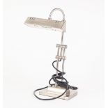 MODERN BRUSHED STEEL ADJUSTABLE DESK LAMP, with horizontal shade and oblong base, 15" (38.1cm) high,