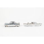 TWO CHROME PLATED NOVELTY TABLE CIGARETTE LIGHTERS, one modelled as OCEAN LINER, 6 ¼" (15.8cm) long,