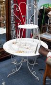 FOUR GREY PAINTED FOLDING STACKING CHAIRS, a white painted metal PATIO TABLE AND ODD CHAIR, A