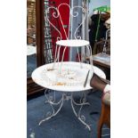 FOUR GREY PAINTED FOLDING STACKING CHAIRS, a white painted metal PATIO TABLE AND ODD CHAIR, A