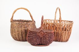 ORBICULAR WICKER BASKET, with loop handle, 14 ½" (37cm) high overall, a/f, together with ANOTHER