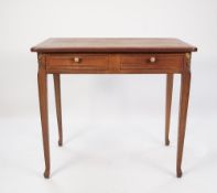 AN EARLY TWENTIETH CENTURY ASH OR BIRCHWOOD SIDE TABLE, with two frieze drawers on square tapered