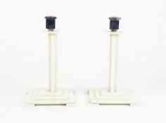 STYLISH PAIR OF FRENCH ART DECO GREEN BAKELITE AND CHROME PLATED CANDLESTICKS, of square section