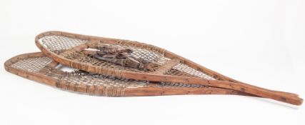 PAIR OF BYGONE BENTWOOD SNOW SHOES, one with original leather toe clip, together with TWO RUSTIC