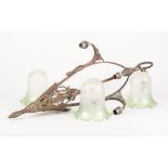 FRENCH THREE LIGHT CEILING LIGHT IN THE ART NOUVEAU STYLE, the open work frame with three short,
