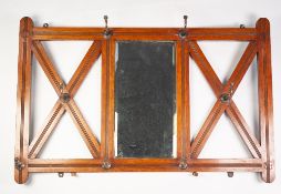 EDWARDIAN MOULDED OAK MURAL HAT AND COAT RACK WITH MIRROR, the central, oblong bevel edged plate