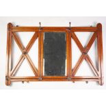 EDWARDIAN MOULDED OAK MURAL HAT AND COAT RACK WITH MIRROR, the central, oblong bevel edged plate