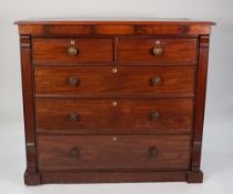 A VICTORIAN MAHOGANY CHEST OF TWO SHORT AND THREE LONG DRAWERS, with stamped brass knob handles, 50"