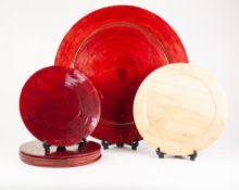 SET OF SIX CHINESE RED STAINED BAMBOO PLACE MATS, 12" (30.5cm) diameter, together with a MATCHING,