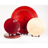 SET OF SIX CHINESE RED STAINED BAMBOO PLACE MATS, 12" (30.5cm) diameter, together with a MATCHING,