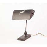 EARLY TWENTIETH CENTURY FRENCH PAINTED METAL ADJUSTABLE DESK TABLE LAMP, with horizontal shade and