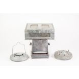 PAIR OF TIN AND FABRIC COLLAPSIBLE TEA LIGHT LANTERNS, each with pierced cover, one lacking