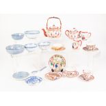 MODERN FIVE PIECE CHINESE FAMILLE ROSE PORCELAIN TEA SET FOR FOUR PERSONS CONTAINED IN A WOVEN