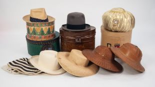 VINTAGE WOOD GRAIN EFFECT SCRUMBLE PAINTED TIN HAT BOX, together with THREE CARD HAT BOXES, one from