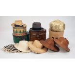 VINTAGE WOOD GRAIN EFFECT SCRUMBLE PAINTED TIN HAT BOX, together with THREE CARD HAT BOXES, one from