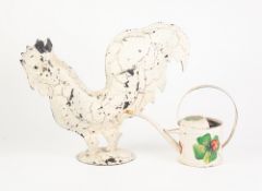 FRENCH CREAM CRACKLE PAINTED METAL MODEL OF A COCKEREL, modelled in profile, on circular, domed