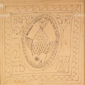 VINCENZO APICELLA (1922-2018) PEN SKETCH ON BUFF COLOURED PAPER OR NAPKIN 'Happy Birthday Jan, 2