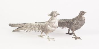 PAIR OF ELECTROPLATED MODELS OF PHEASANTS, 11" (28cm) long, (2)