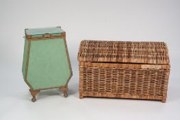 A PAIR OF LLOYD LOOM STYLE TUB CHAIRS, A LLOYD LOOM STYLE GREEN LINEN BASKET on short cabriole legs,