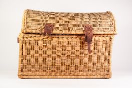 DOME TOP WICKER TRUNK, with leather fittings and side handles, 18 ½" (47cm) high, 18 ½" x 17" (