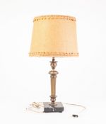 FRENCH GILT METAL TABLE LAMP, of tapering, part fluted form with black veined marble square base and
